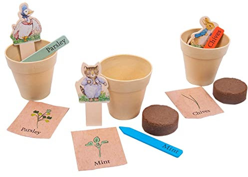 Peter Rabbit Grow Your Own Herbs Kit. Includes a selection of Chives, Mint & Parsley seeds, Bamboo Pots, Compost Pellets, Stickers & Wooden Character Markers. Official Peter Rabbit Merchandise.