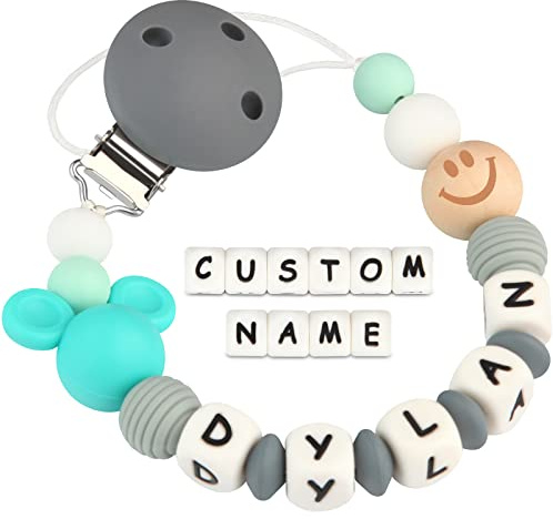 Dummy Clips Personalised Name for Boys Girls Soother Chain Mouse Customized Pacifier Holder(Grey)