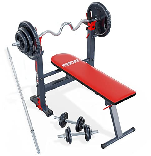 K-Sport: Hantelbank Set mit Drückerbank, Hantelablage, Super SZ- Stange, Lang-, Kurzhanteln und 95kg Gewichten | ø 30mm Gewichtsscheiben | Trainingsset für dein Home Gym
