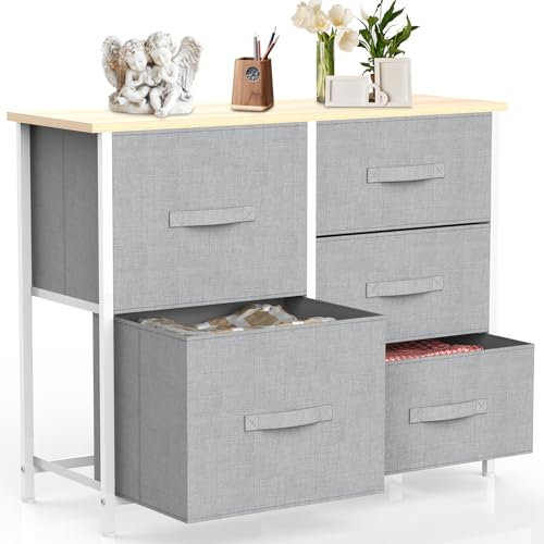 IMURZ Chest of Drawers,Fabric Storage Drawers wtih 5 Units Large Storage Space,Sturdy Steel Frame Chest of Drawers Bedroom for Living Room, Nursery Room, Hallway etc, Gray, 30 x 85 x 70 cm