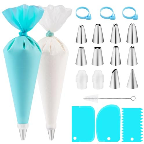 Brevanza 120 Stück Spritzbeutel mit Tüllen, Spritztüllen Set mit Reinigungsbürste, Torten Zubehör mit 10 Tüllen und 2 Standardkonverter, Spritzbeutel mit 3 Ringe 3 Teigschaber zum Dekorieren Kuchen
