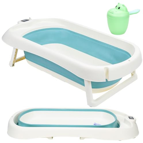 Eulenke Baby Badewanne, Faltbare babybadewanne mit faltbaren Anti-Rutsch-Beinen, Integriertem Thermometer und Baby-Haarwaschbecher, 50L Kinderbadewanne für Babys 0-6 Jahre, Grün