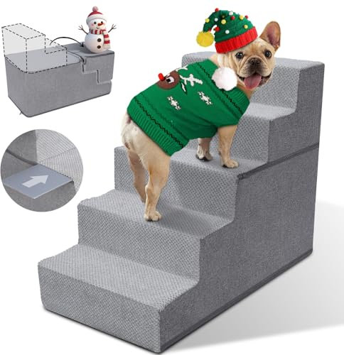 Zvonema Hundetreppe für Kleine Hunde, Hundetreppe, rutschfest Haustiertreppe 5 Stufen, Hunderampe Bett waschbar, Katzentreppe aus Hochdichtem Schwamm, für verletzte&ältere Hunde, Katzen