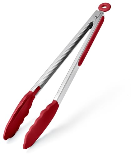 250℃ Heat Resistant Kitchen Tongs: U-Taste 30cm Silicone Cooking Tong with Firm Sealed Non Stick Silicone Tips & Silicone Coated 18/8 Stainless Steel Handle & Smooth Locking for Serving (Red)