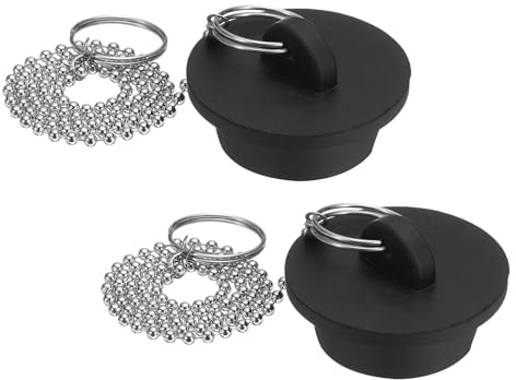 QUARKZMAN 2pz Tappi Vasca, Tappi Vasca Gomma 1-3/8, Tappo Scarico per Lavello Cucina, Tappo Scarico per Bagno con Anello Trazione e Catena con Perline Acciaio Inossidabile 15, Nero