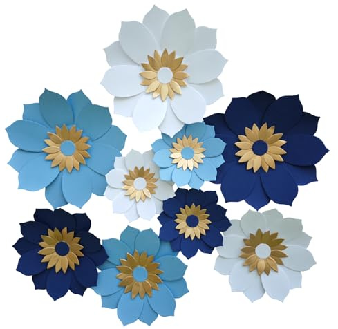 Mybbshower Paper Flower for Wall Set of 9 (Royal Blue White)