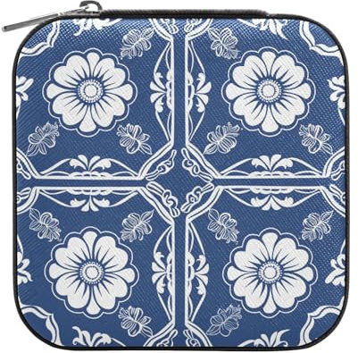 sanluoli Mini boîte à bijoux de voyage en porcelaine bleue et blanche de style chinois, petite boîte à bijoux de voyage, mini étui à bijoux portable pour femme