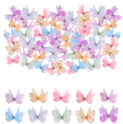 60Pcs Mini Fabric Butterflies for Crafts, Colorful 3D Butterfly Applique | 10 Colors Double Mesh Butterfly Ornaments, Butterfly Decorations for DIY Hair Clips, Clothes and Hats(5 * 3.5cm)