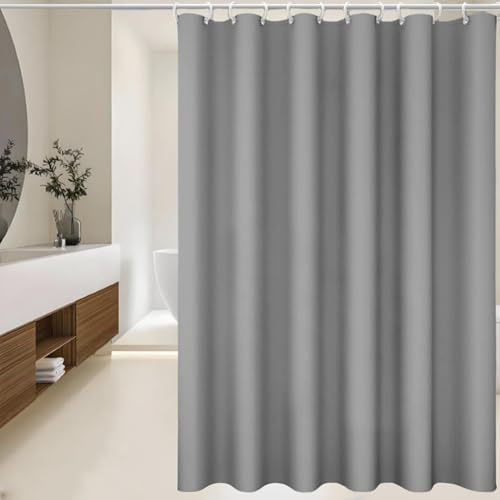 Shower Curtain for Bathroom, 100% Polyester Waterproof Mould Proof Resistant Fabric, 180 x 180cm PEVA Bathroom Curtains with Grommets & 12 Pcs Hooks, Quick-Drying, Washable Bath Curtain (Grey)