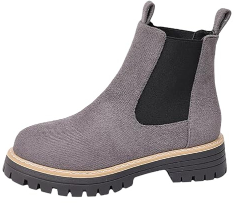 Chunky Heel Chelsea Boot, Womens Suede Chelsea Boot Low Heel Block Slip-On Ankle Booties Round Toe Colour Blocks Patchwork Short Boots Easy Go Outdoor Walking Hiking Footwear Shoes Grey