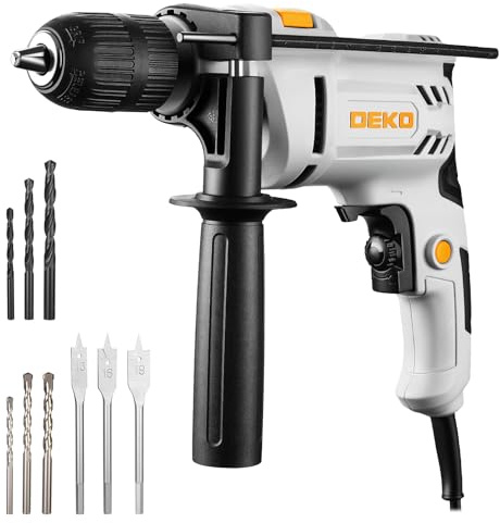 DEKOPRO 500W Schlagbohrmaschine mit 13mm schlüsselloses Spannfutter, 0-3000 U/min 360° verstellbarem Griff – Bohrhammer für Bohrungen in Holz, Metall, Beton inkl. 9 Bohrern und Zubehör
