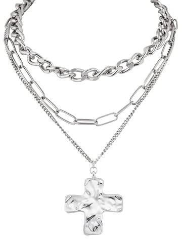 Sacina Silver-tone Layered Chunky Cross Choker, Gothic Emo Punk Grunge Y2k Aesthetic Necklace, Goth Jewelry, Christmas Jewelry Gift For Women