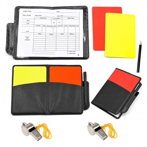 PAXQNVTR 2 PCS Referee Cards Set, Red and Yellow Football Referee Cards with Leather Case, Metal Whistle with Lanyard, Score Book and Pencil, Referee Kit for Football Soccer Match