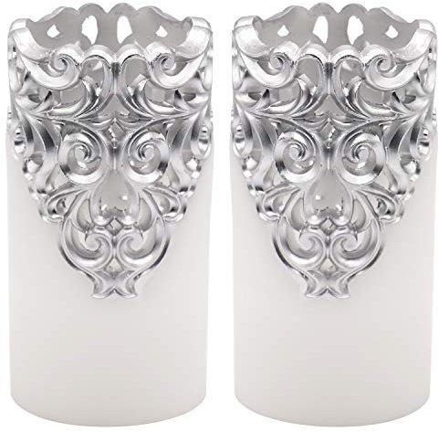Eldnacele Hollow Vintage Silver Flickering Flameless Candles with 5H Timer, Battery Operated Real Wax Pillar Candle for Wedding Party Home Christmas Decoration, Set of 2