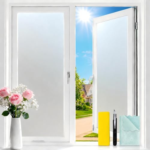 Niviy Frosted Glass Window Privacy Film Decorative, Static Cling Bathroom Window Frosting Film Day and Night Windows Cling Home Glass Door Cover, 17.5 inch x 78.7 inch