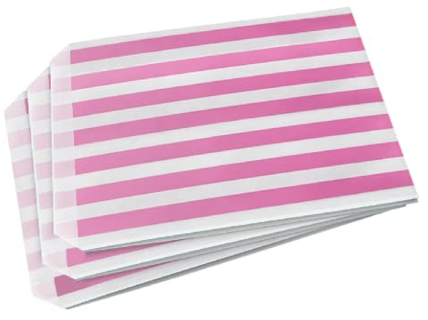 Sabco - 100 Pink Sweet Candy Striped Paper Bags 5 x 7 for Confectionary Party Favour Pick n Mix Wedding Sweets Gift Bag (100, 5 x 7)