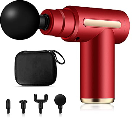 Ergocar Pistola de Masaje Muscular Masajeador Eléctrico Cervical Espalda para Atleta Oficinista Sedentario Alivio del Dolor Muscular 6 Velocidades 4 Cabezas Portable, Botón Estilo-Rojo