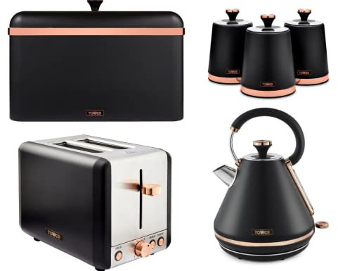 TOWER Cavaletto Black & Rose Gold 3KW 1.7L Pyramid Kettle, 2 Slice 850W Toaster, Bread Bin & Set of 3 Tea, Coffee, Sugar Canisters. Matching Kitchen Set of 6 Items in Black & Rose Gold