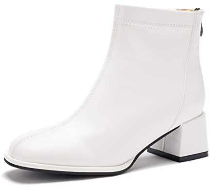 Poorevill Womens Ankle Boots Block Mid High Heel Zippers Ladies Round Toe Casual Party Shoes Booties YA White Tag 39- UK 6
