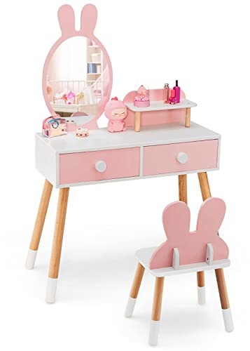 LIFEZEAL Specchiera Trucco Bambina con Sedia e Specchio Rimovibile a Forma di Coniglio, Toeletta per Bambina 3-7 Anni, Toilette con Cassetti in Legno (Rosso)