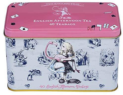New English Teas Alice in Wonderland Tea Caddy in Pink with 40 English Afternoon Tea Bags, Mad Hatter Tea Party Decorations
