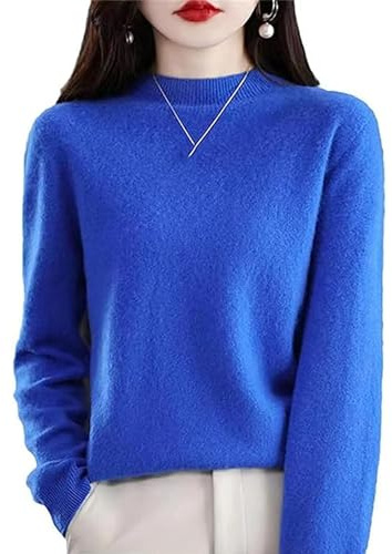 100% Cachemir Manga Larga Cuello Redondo Suave cálido Jersey de Punto Jerseys Mujeres (S,Blue)