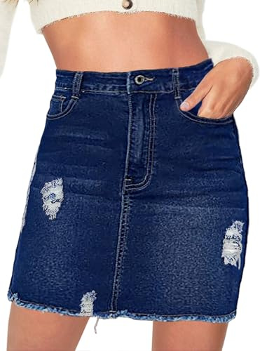 Necooer Women's Mini Pencil Denim Skirt Washed Frayed Stretchy Mid Waisted Fashion Ripped Short Bodycon Jean Skirts for Women(Dark Blue,XXL)