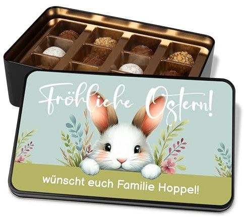 True Statements personalisierte Pralinendose zu Ostern - dein Ostergeschenk „Fröhliche Ostern!“ - Osterhase - Ostergrüße - Metalldose mit 12 Confiserie-Pralinen