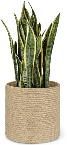 Dahey Jute Rope Plant Basket Modern Woven Storage Basket for 10.5 Indoor Planter, Decorative Flower Pots Cover Laundry Bin with Handle Rustic Home Decor, Beige
