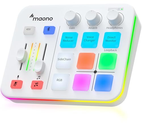MAONO Gaming Audio Mixer, RGB XLR Table de Mixage avec préampli Pro, RVB, Bluetooth, alimentation fantôme 48 V pour diffusion en direct, podcasting, création de contenu, G1 NEO (Blanc)