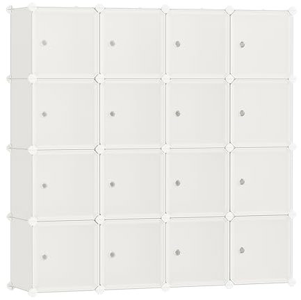 SONGMICS Estantería Modular, Armario Modular de 16 Cubos, Estantería de Plástico con Puertas, para Zapatillas, Ropa, Libros, Fácil de Montar, Blanco Crema LPC443W01