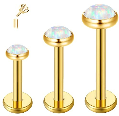 ESHIONER G23 Titan Tragus Piercing Schmuck Ohr Helix Labret Lippe Lippenpiercing Bar Stecker Knorpel Ohrringe Ohrpiercing Opal Hypoallergen Gold Internally Threaded Flat Back Studs 16g 6mm 8mm 10mm