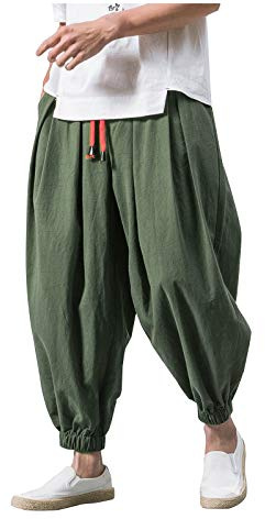 Herr bomull linne byxor | Baggy casual haremsbyxor med elastisk midja dragsko och breda ben | lös passform hippie yogabyxor för sommaren, Z01army grön, 3XL