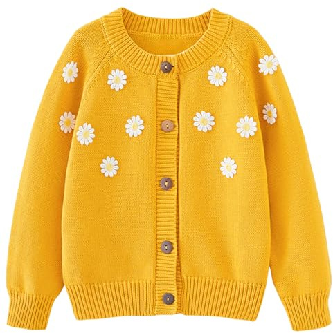 Maeau Gilet Pull Enfant Fille 8 9 Ans Cardigan en Tricot Manches Longues Bébé Petite Manteau Tricoté Col Rond Jaune Veste de Ballet Danse Classique Chandail Bouton Coton Pulls Scolaire Fleurs 140