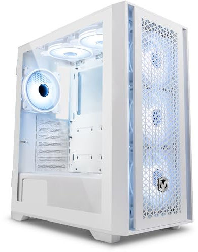 Vibox VTX-3 Boîtier PC de jeu, 6 ventilateurs RVB Infinity, panneau en verre trempé, compatible ATX, avant en maille (blanc)