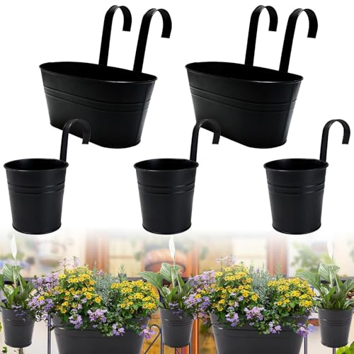 Cnwinu 5-pack hängande blomkrukor, blomlådor för balkongen, hängande blomkrukor i metall (27 x 22 x 12 cm) med avtagbar krok och dräneringshål, balkongräcke(set om 5 svart)