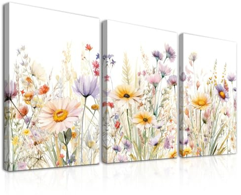 Dazzlewall 3Pcs Framed Wildflower Wall Art Decor, Watercolor Floral Wall Pictures for Bedroom Living Room Decor 12x16 in
