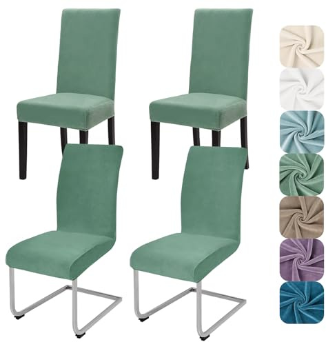 Alishomtll Stretch Samt Stuhlhussen 4er Set Velvet/Velour Stuhlbezug Schwingstuhl Elastische Hussen Waschbarer Stühle Schutz für Küche Restaurant Hotel Bankett Hochzeit (Bohnengrün, 4 Stück)