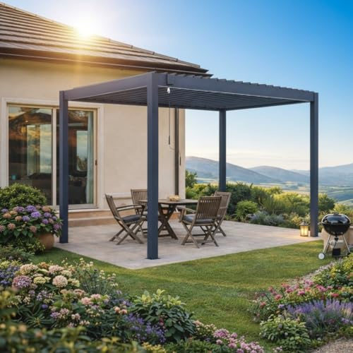 Pergola bioclimatica autoportante alluminio 304 x 196 x 218 cm grigio antracite - Cazeboo PIANA 3x2 m lamelle orientabili 110° struttura resistente vento 70 km/h kit completo giardino terrazza