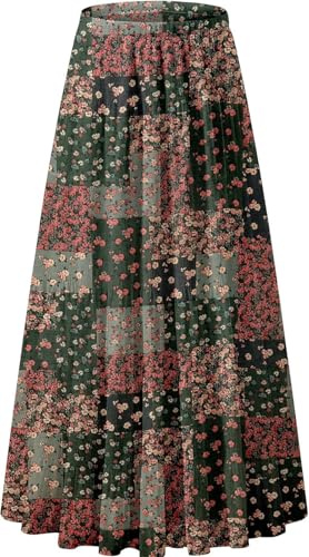 Genfien Dam kjolar elastisk hög midja maxi chiffongkjolar för kvinnor med foder sommar vintage lång elegant A-linje strandkjol, Blomma 1, S