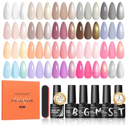 PEACECOLOR 25PCS Smalto Semipermanente Unghie, 20 Colori Bianco Nude Rosa Marrone Blu Viola Glitter Smalto Semipermanente con 5 Base e Top Coat, Soak Off Nail Art DIY 7ML