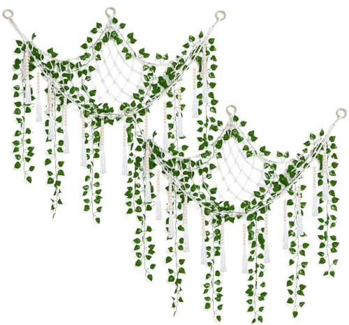 Suncalla 8 Pcs Large Stuffed Toy Storage Net Hammock Corner with Fake Vines Artificial Ivy Garland Bedroom Aesthetic Decor for Kids Baby Nursery Essentials Wall Bedroom Home Decor (Beige)