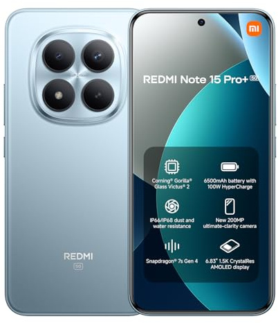 XIAOMI REDMI Note 15 Pro+ 5G - Smartphone de 8+256GB, Pantalla AMOLED 6,83 1.5K AMOLED, Snapdragon 7s Gen 4, cámara de 200 MP, Hypercharge 100W, Cargador no Incluido, Azul Glaciar (Versión ES)