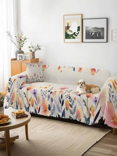 Spring Floral Sofa Cover Blanket Couch Covers for Armchair Cushion,Couch Sofa Silpcover with Tassel,Elegant Flowers Farmhouse Botanical Rustic Living Room Throw Towel Blanket Covers XX-L 71x150