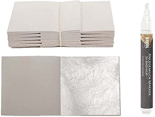 100 Blatt Echtes Blattsilber 6cm x 6cm Echt Silber 925 zum Versilbern & Basteln Silberblatt Silberfolie Kunst Handwerk Dekoration Restaurierung Möbel + 1x Kreul Marker Anlegemilch Kleber im Stift