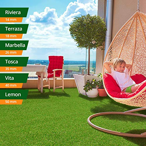 casa pura Kunst-Rasen in 6 Höhen • Natürlich weich in Echtrasen-Optik • Rasen-Teppich Riviera, 14 mm • Kunstrasenteppich wasserdurchlässig & UV-beständig • Garten, Terrasse, Deko • 200x1000 cm