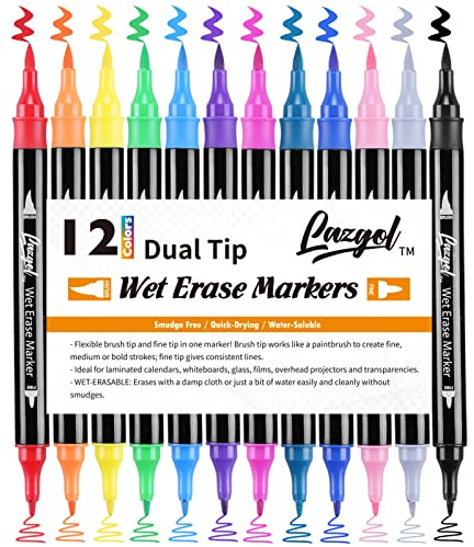 Wet Erase Markers Dual Tip, Lazgol 12 Assorted Colors, Dual Tip Brush & Fine Overhead Transparency Smudge Free Markers for Dry Erase Whiteboard, Refrigerator Calendars, Glass, Films and Any Kind of