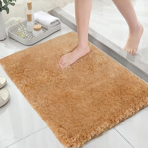 Mibao Badteppich, rutschfeste und waschbare Badematte, Weicher Flauschiger Badvorleger, Shaggy Hochflor-Mikrofasermatte für das Badezimmer, Badezimmerteppich Beige 40 x 60 cm