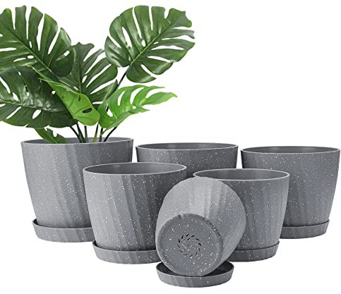 Plant Pots Indoor, 6Pack Plastic Plant Pots 19/17.5/16.5/15.5/14/11.5cm, Flower Pots Outdoor Self Watering Indoor Plant Pot with Drainage Holes and Tray, Plastic Planter for Garden House Plants(Grey)