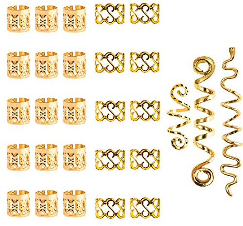 Dreadlock Schmuck Haarspiralen Clips,28Pcs Haar Geflecht Ringe, Verstellbar Metall Cuffs Haar Dreadlocks Zubehör Manschetten Haarschmuck Set Haarspiralen Dreadlocks Für Männer Und Frauen (Gold)